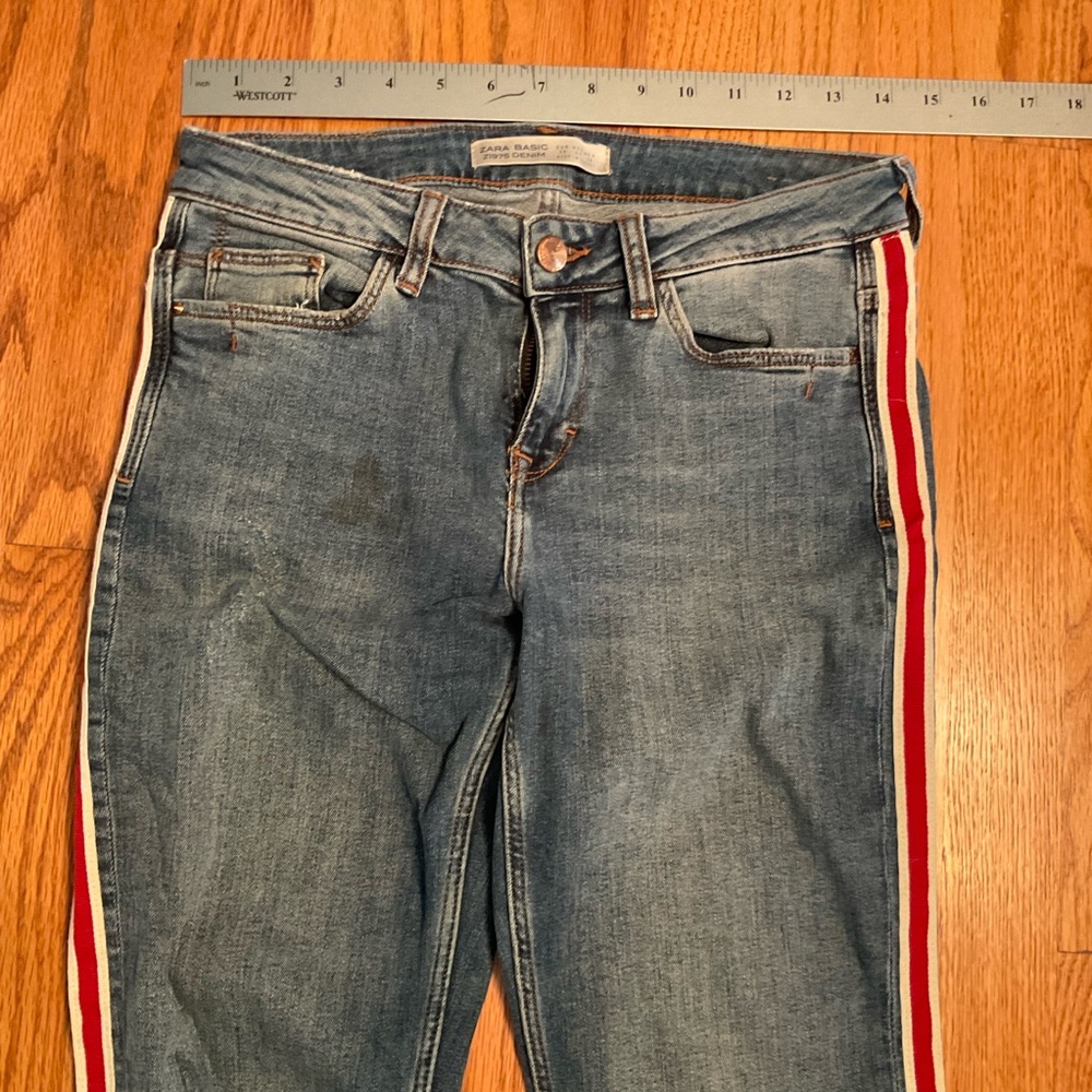 Zara Jeans with Red and White Side Stripe, Distressed and Frayed, 5-Pock… - Picture 10 of 11